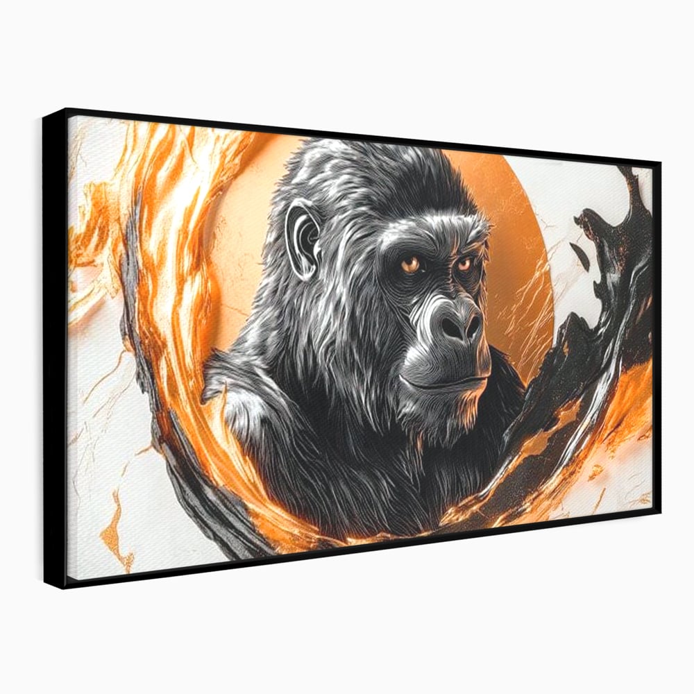 Tablou canvas cu tablou canvas cu gorila si cerc de foc, in rama de aluminiu negru